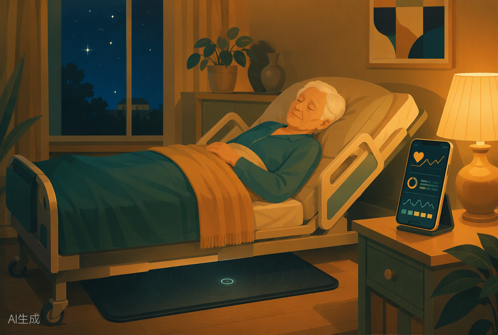 老人安睡在装有监测床垫的护理床上,床头手机显示睡眠报告